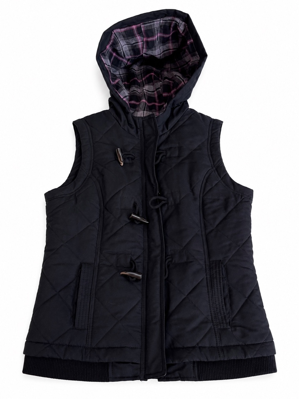 Sonoma Black Quilted Hooded Vest with Plaid Lining